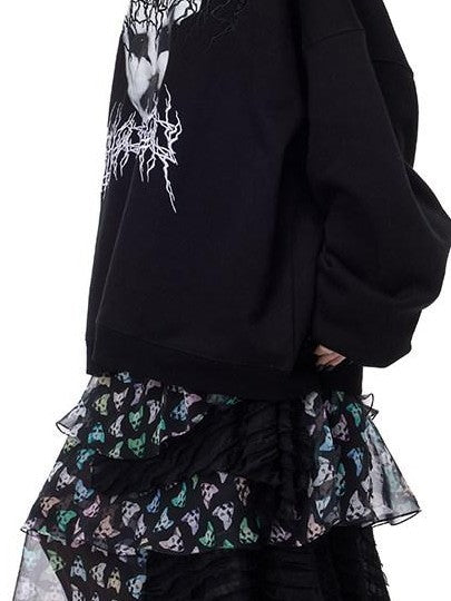 PINKSPINK Cat Print Asymmetrical Mesh A Line Punk Women's Triacetate Maxi Skirts