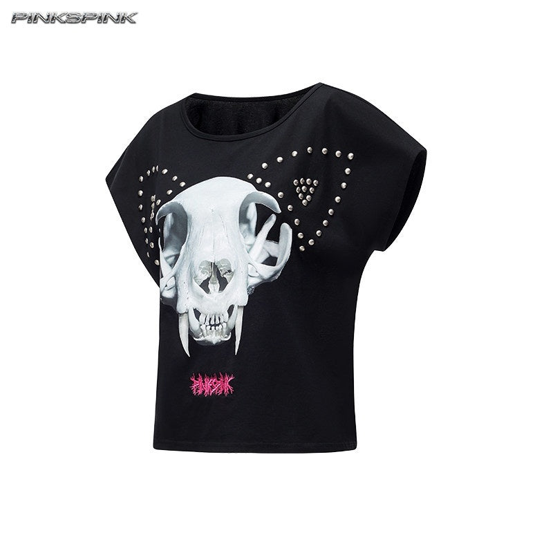PINKSPINK_Cat_Skeleton_Print_Studded_Distressed_Women's_Cotton_Short_Sleeve_T-shirts_1045517990561_MISSTT