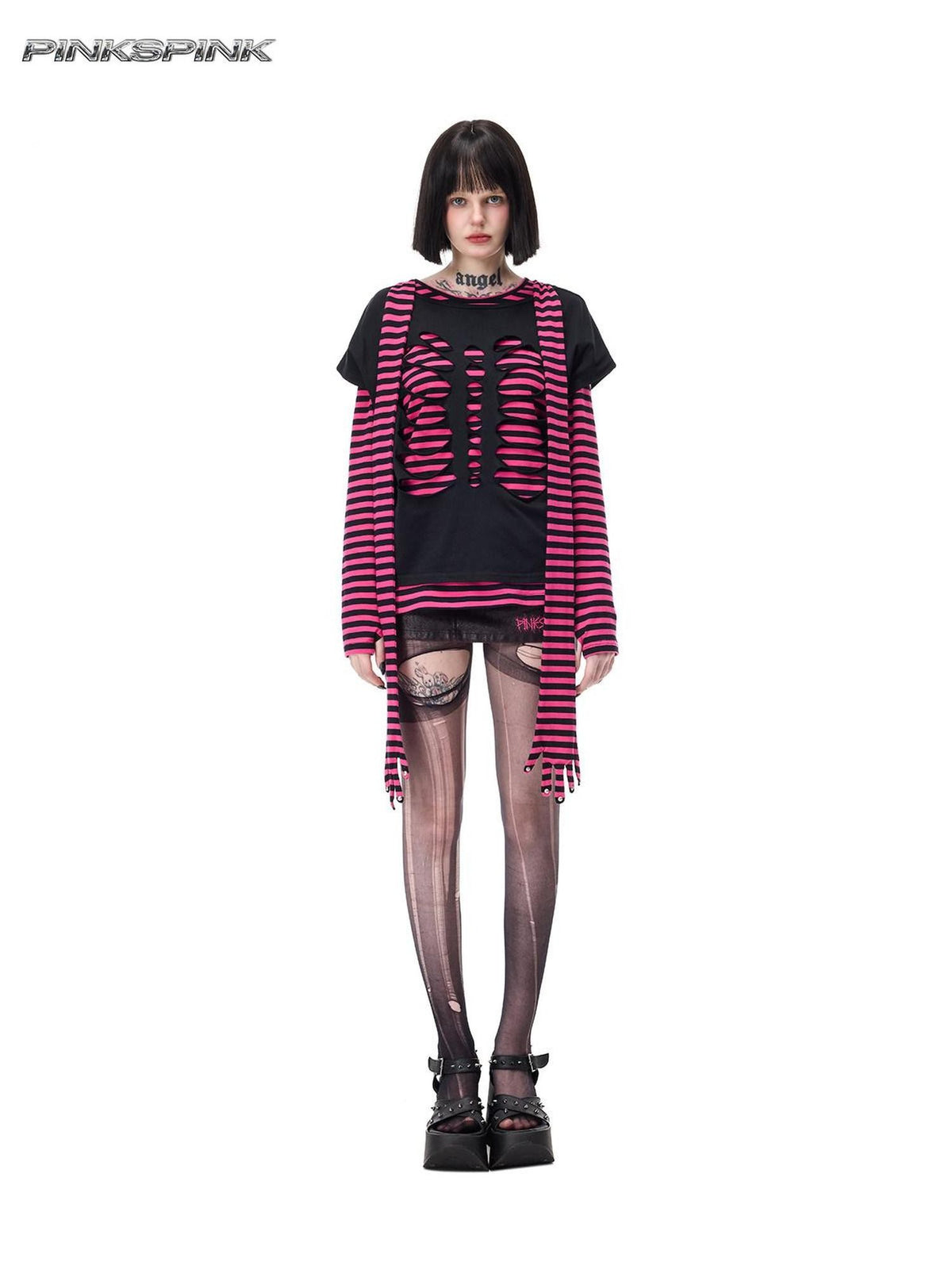 PINKSPINK Cat Skeleton Print Studded Distressed Women's Cotton Short Sleeve T-shirts