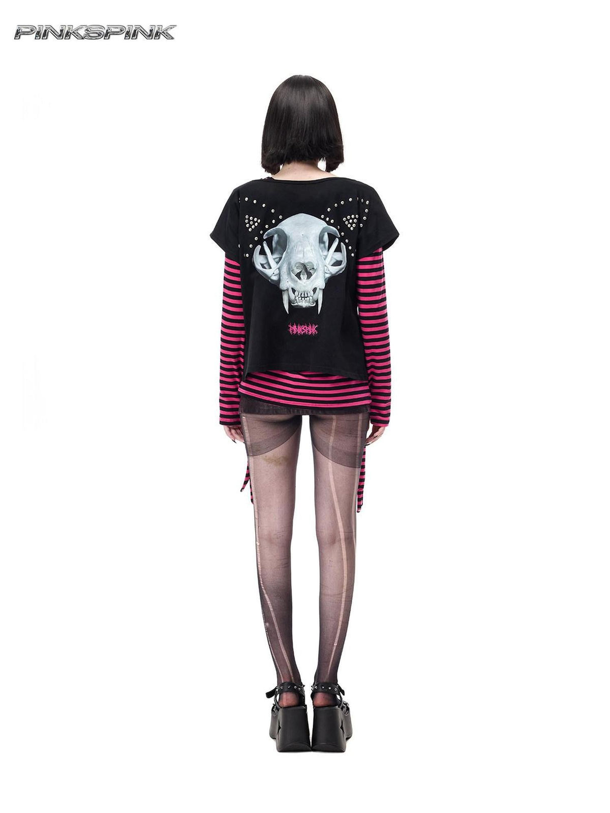 PINKSPINK Cat Skeleton Print Studded Distressed Women's Cotton Short Sleeve T-shirts