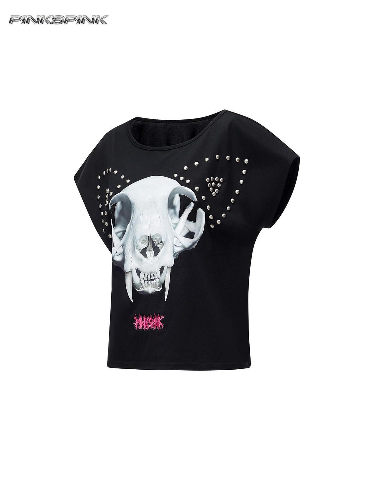 PINKSPINK Cat Skeleton Print Studded Distressed Women's Cotton Short Sleeve T-shirts