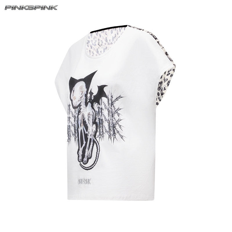 PINKSPINK_Cat_Skeleton_Punk_Leopard_Patchwork_Women's_Short_Sleeve_T-shirts_1057329636683_MISSTT