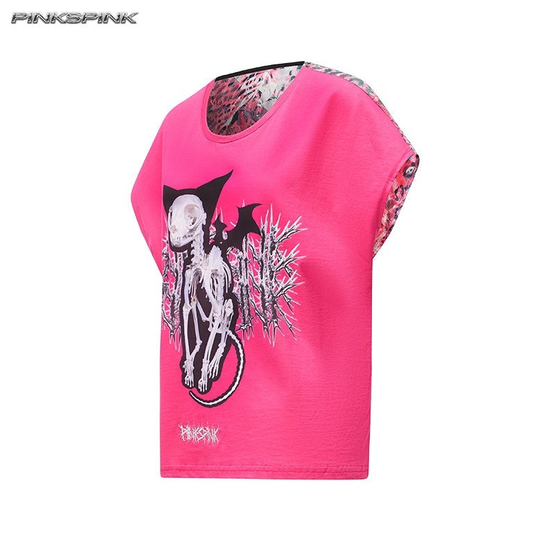PINKSPINK_Cat_Skeleton_Punk_Leopard_Patchwork_Women's_Short_Sleeve_T-shirts_1057329636683_MISSTT