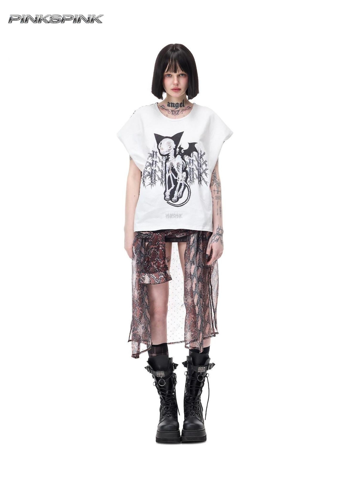 PINKSPINK Cat Skeleton Punk Leopard Patchwork Women's Short Sleeve T-shirts