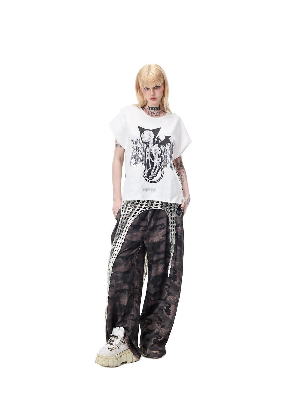 PINKSPINK Cat Skeleton Punk Leopard Patchwork Women's Short Sleeve T-shirts
