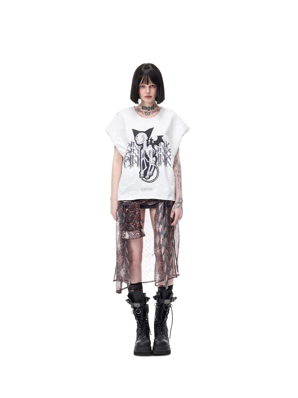 PINKSPINK Cat Skeleton Punk Leopard Patchwork Women's Short Sleeve T-shirts