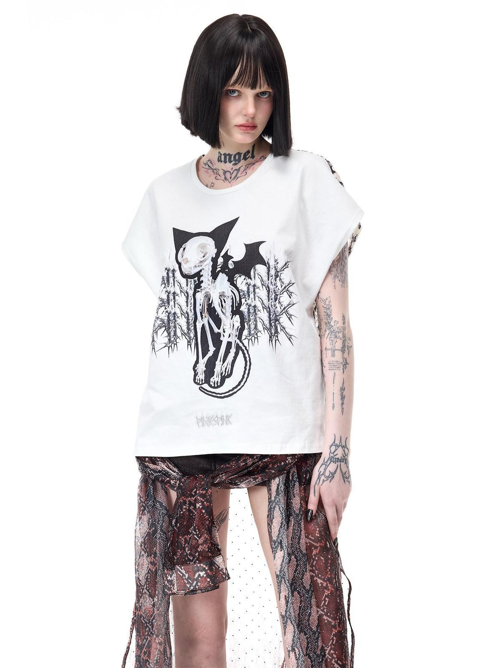 PINKSPINK Cat Skeleton Punk Leopard Patchwork Women's Short Sleeve T-shirts