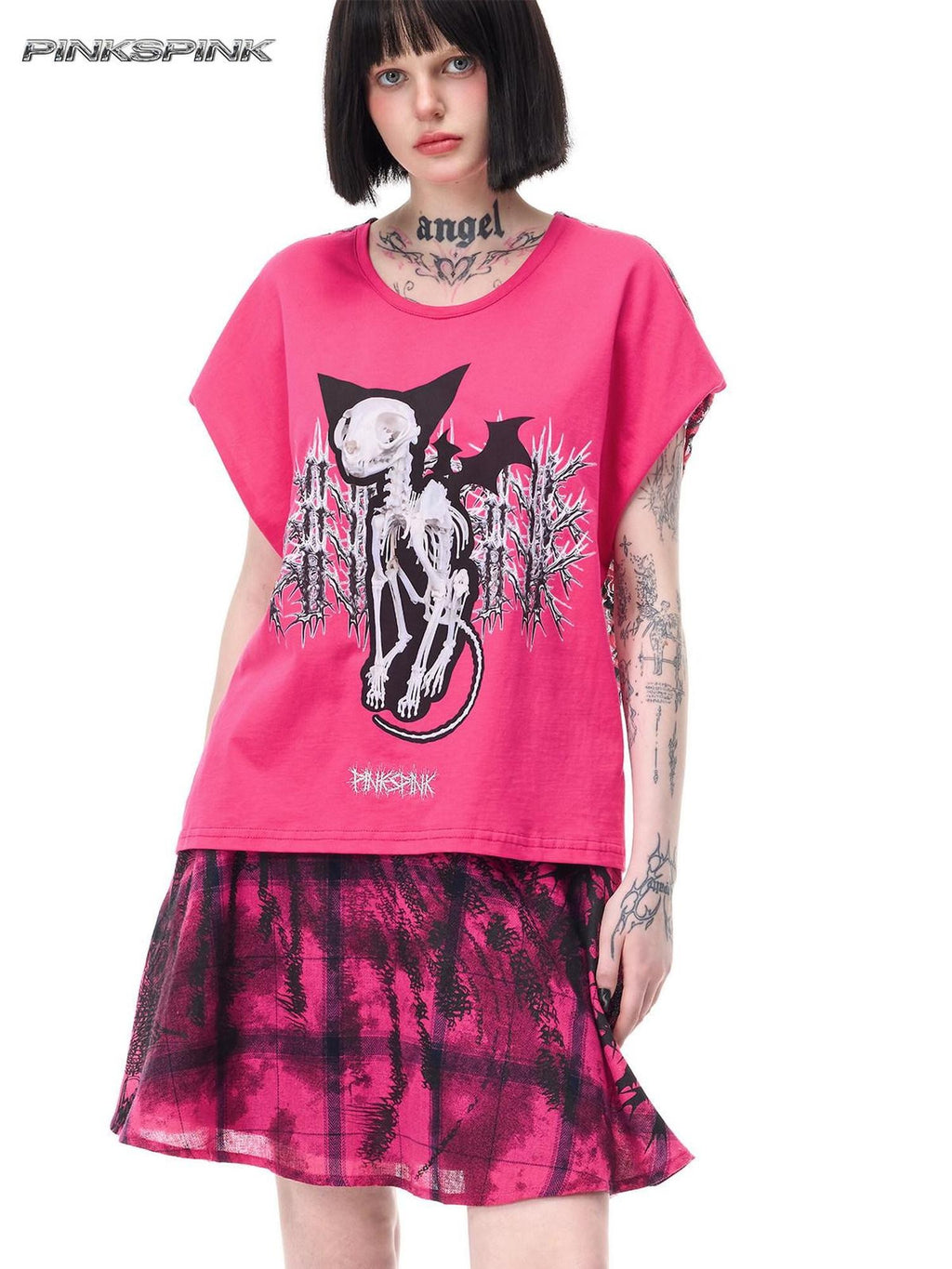 PINKSPINK Cat Skeleton Punk Leopard Patchwork Women's Short Sleeve T-shirts