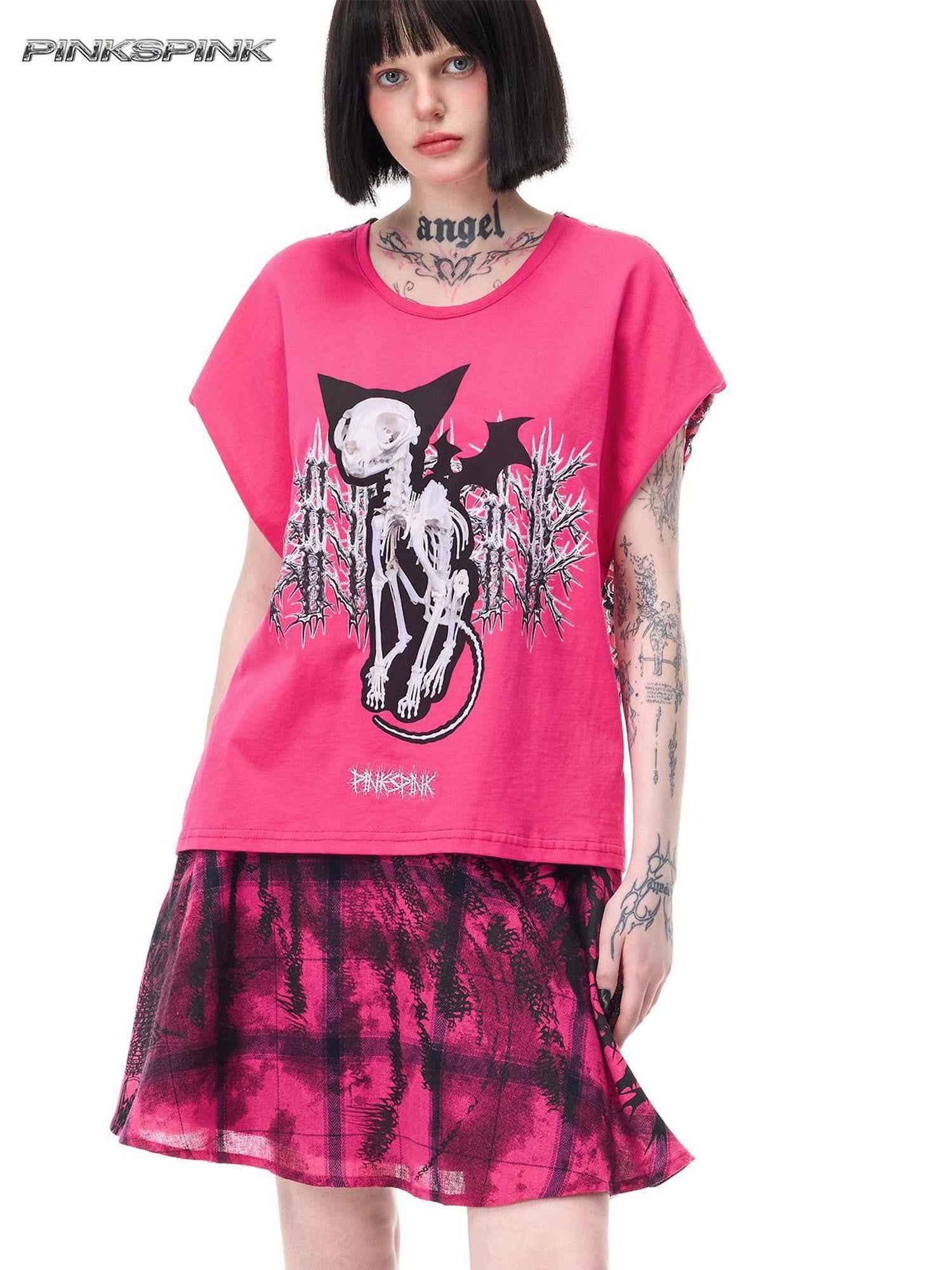 PINKSPINK Cat Skeleton Punk Leopard Patchwork Women's Short Sleeve T-shirts