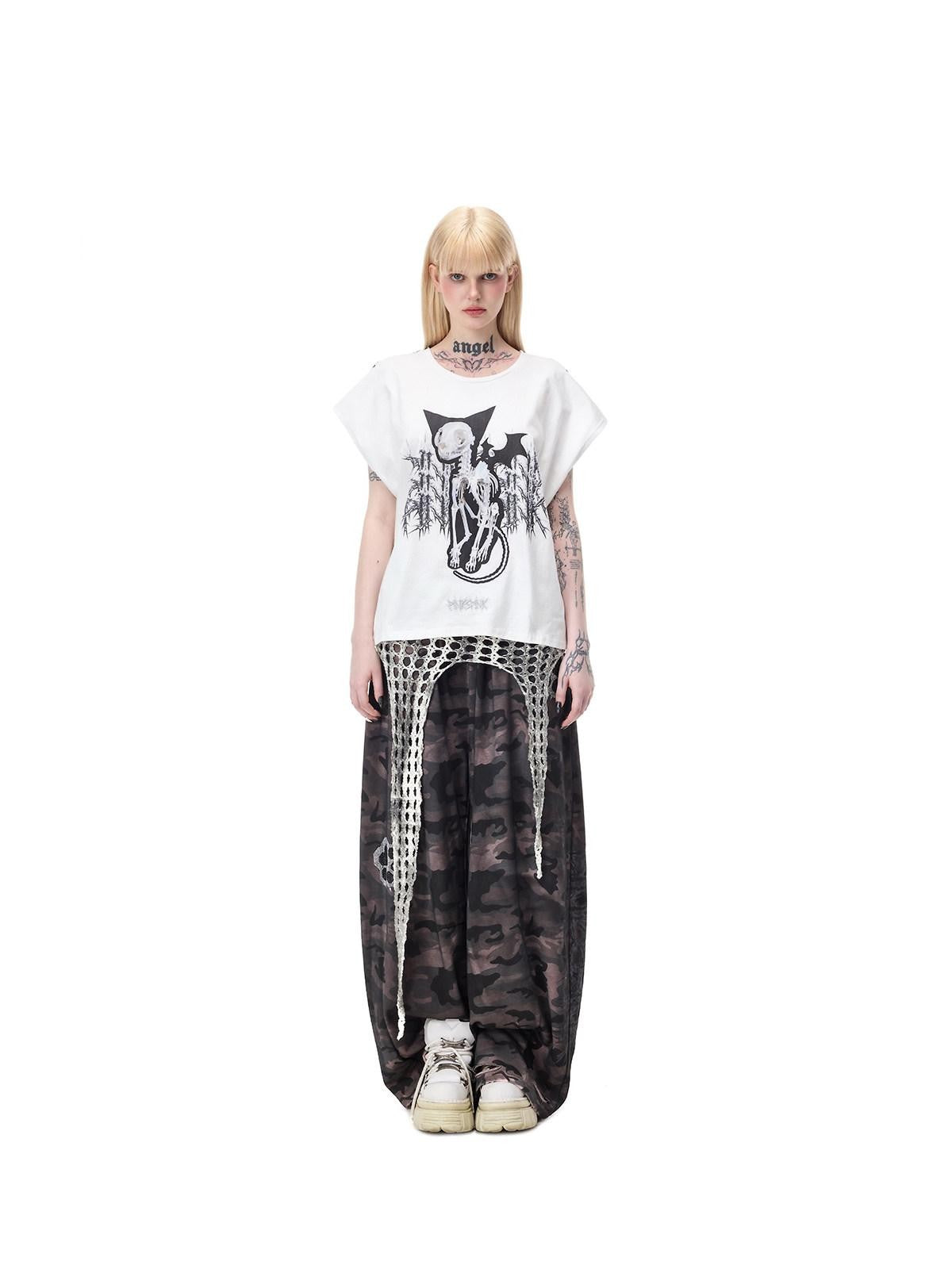 PINKSPINK Cat Skeleton Punk Leopard Patchwork Women's Short Sleeve T-shirts