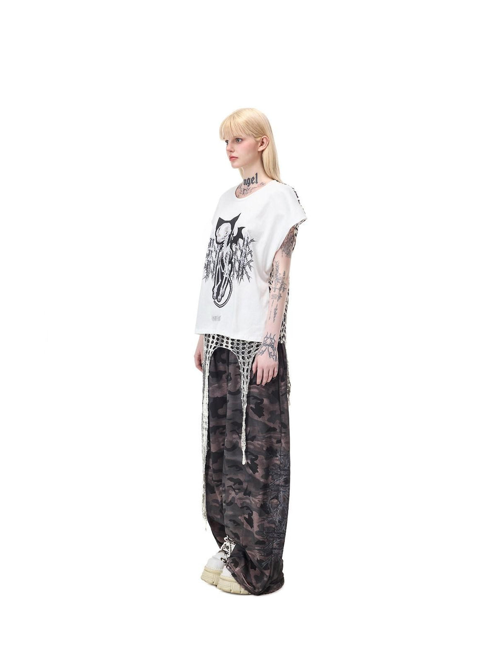 PINKSPINK Cat Skeleton Punk Leopard Patchwork Women's Short Sleeve T-shirts