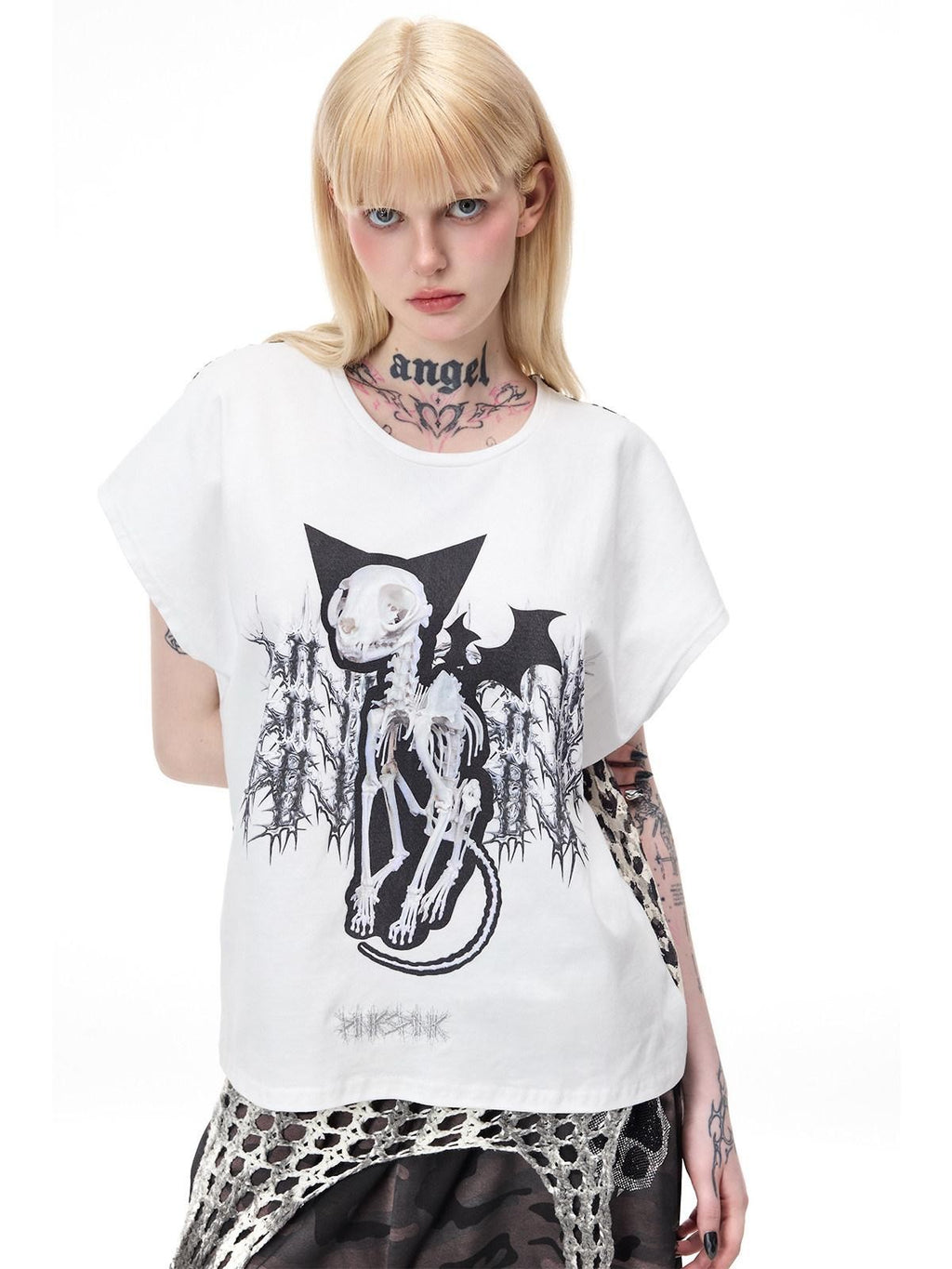PINKSPINK Cat Skeleton Punk Leopard Patchwork Women's Short Sleeve T-shirts