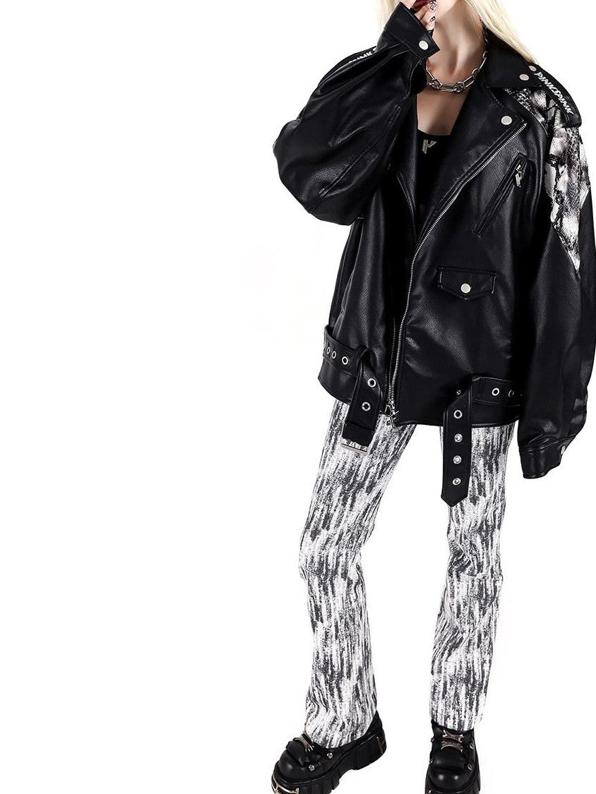 PINKSPINK Cobra Print Drop Shoulder Blazer Collar Women's Patent Pu Leather Jackets