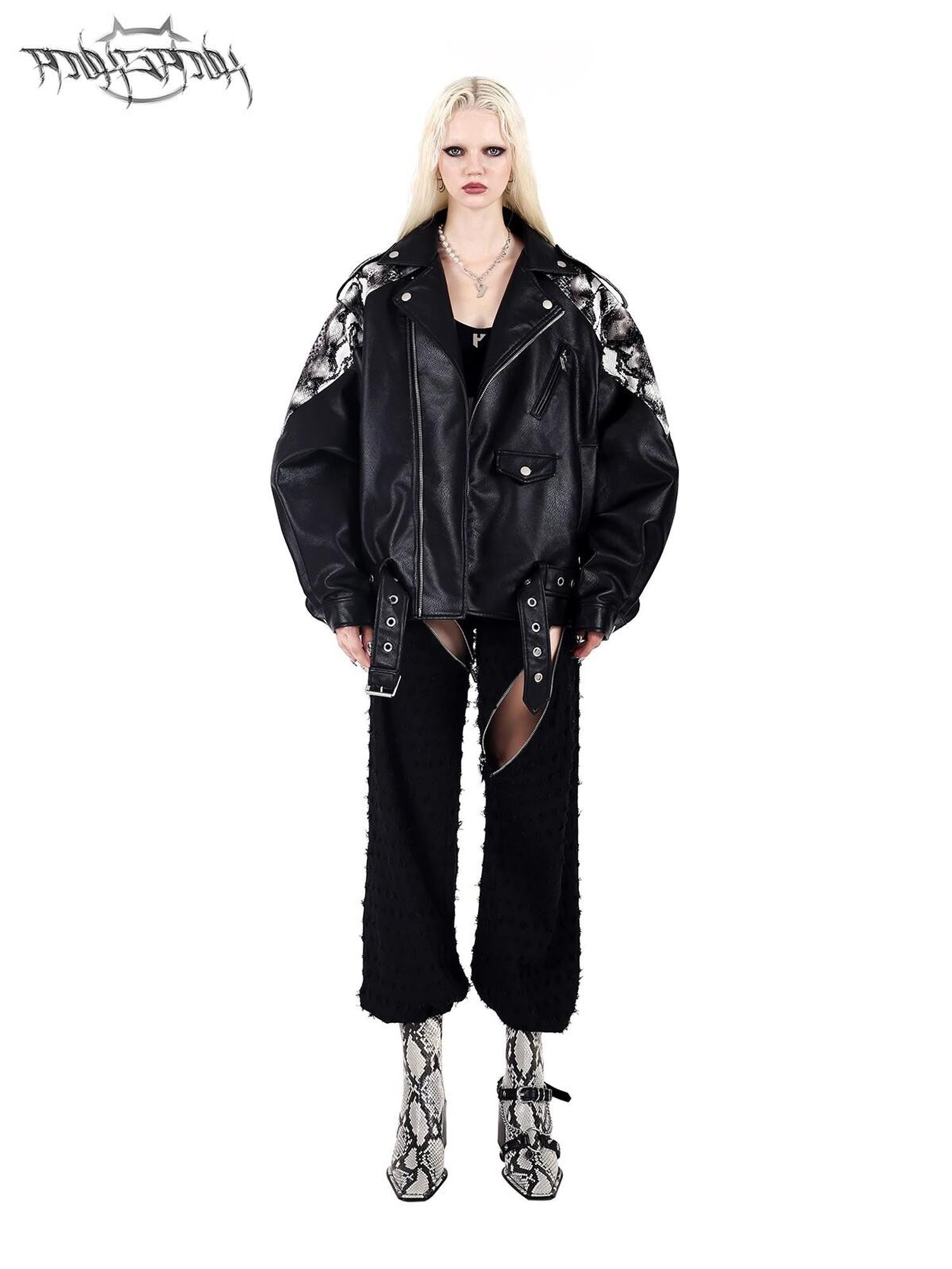 PINKSPINK Cobra Print Drop Shoulder Blazer Collar Women's Patent Pu Leather Jackets