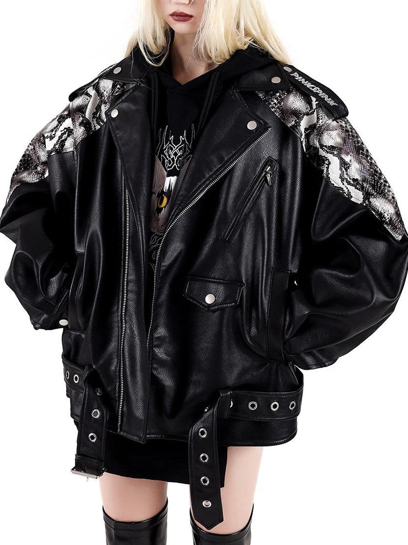 PINKSPINK Cobra Print Drop Shoulder Blazer Collar Women's Patent Pu Leather Jackets