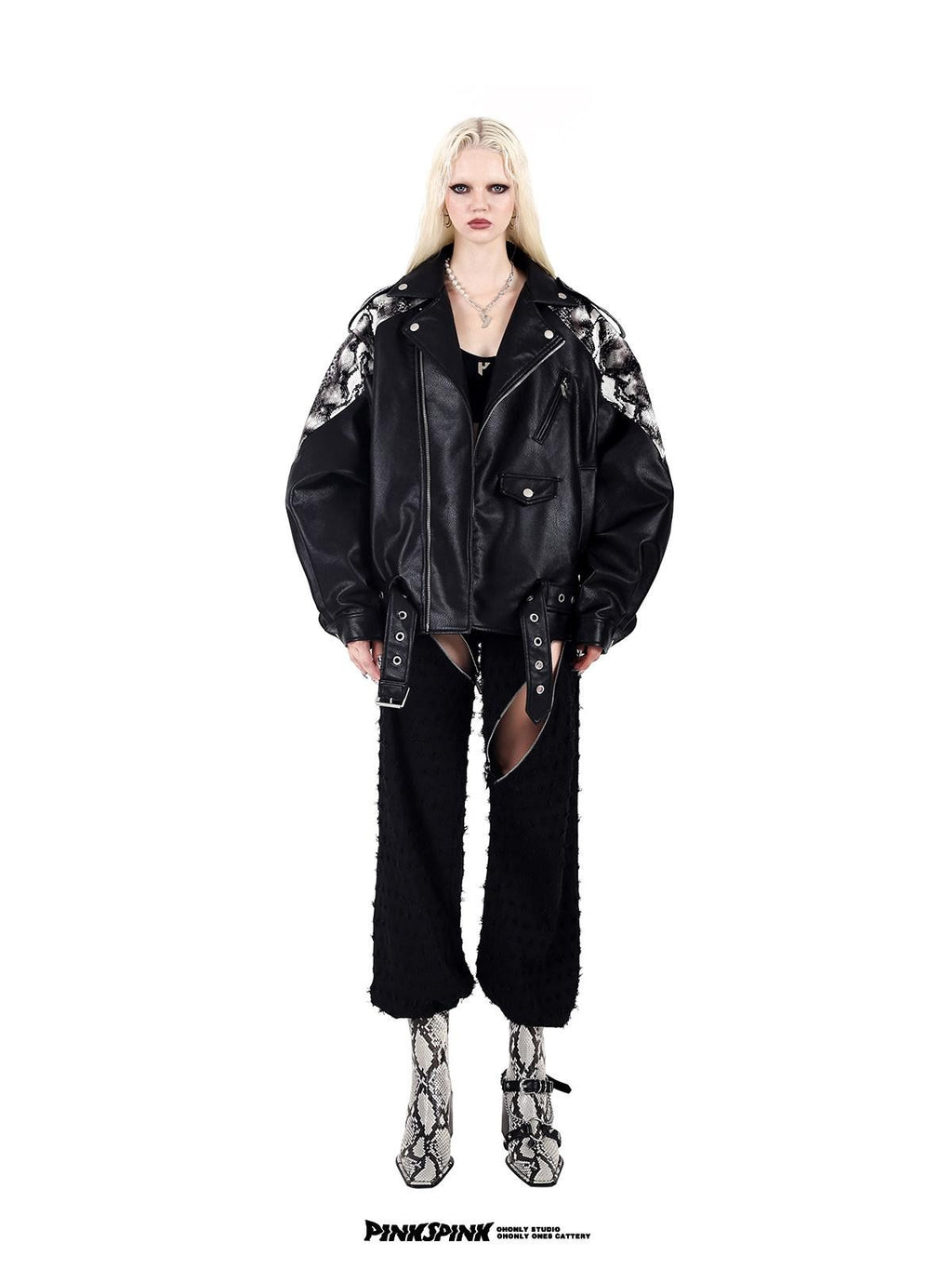 PINKSPINK Cobra Print Drop Shoulder Rock Punk Women's Patent Pu Leather Jackets