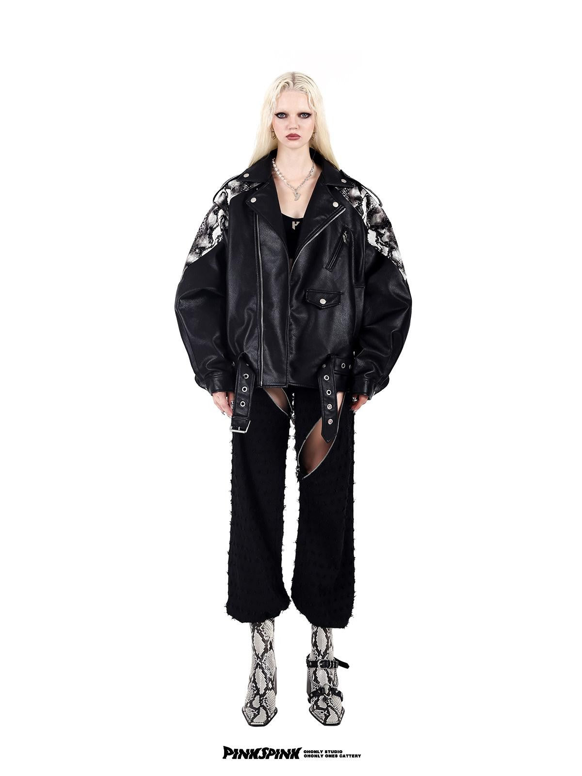 PINKSPINK Cobra Print Drop Shoulder Rock Punk Women's Patent Pu Leather Jackets
