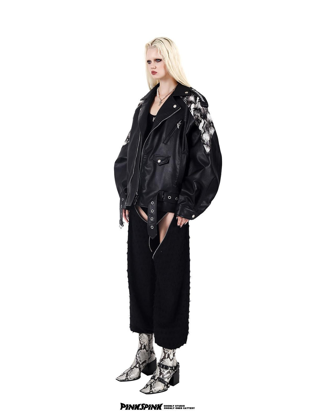 PINKSPINK Cobra Print Drop Shoulder Rock Punk Women's Patent Pu Leather Jackets