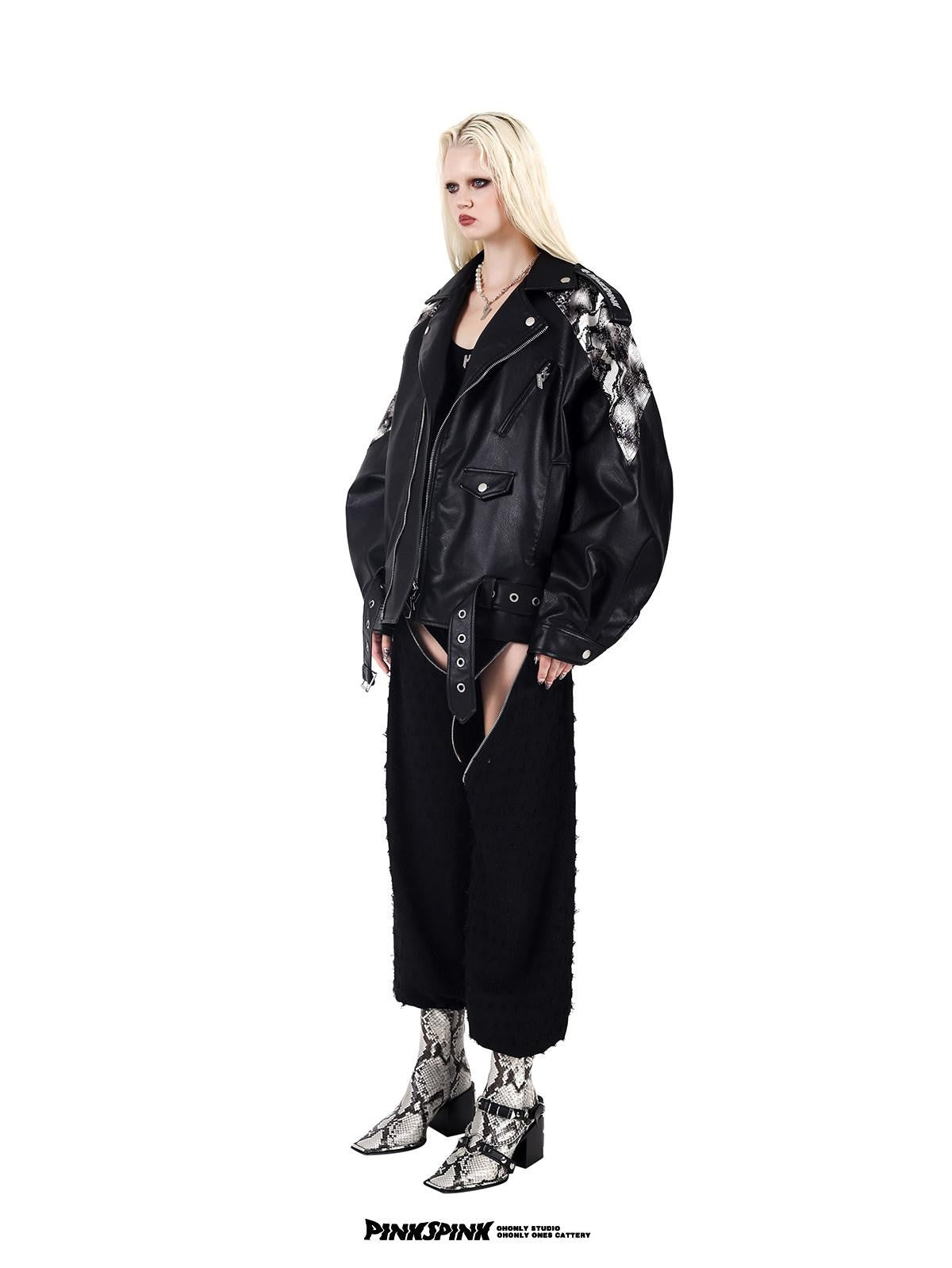 PINKSPINK Cobra Print Drop Shoulder Rock Punk Women's Patent Pu Leather Jackets