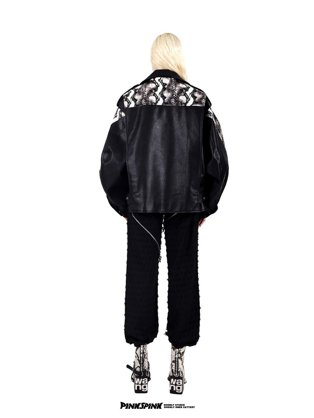 PINKSPINK Cobra Print Drop Shoulder Rock Punk Women's Patent Pu Leather Jackets