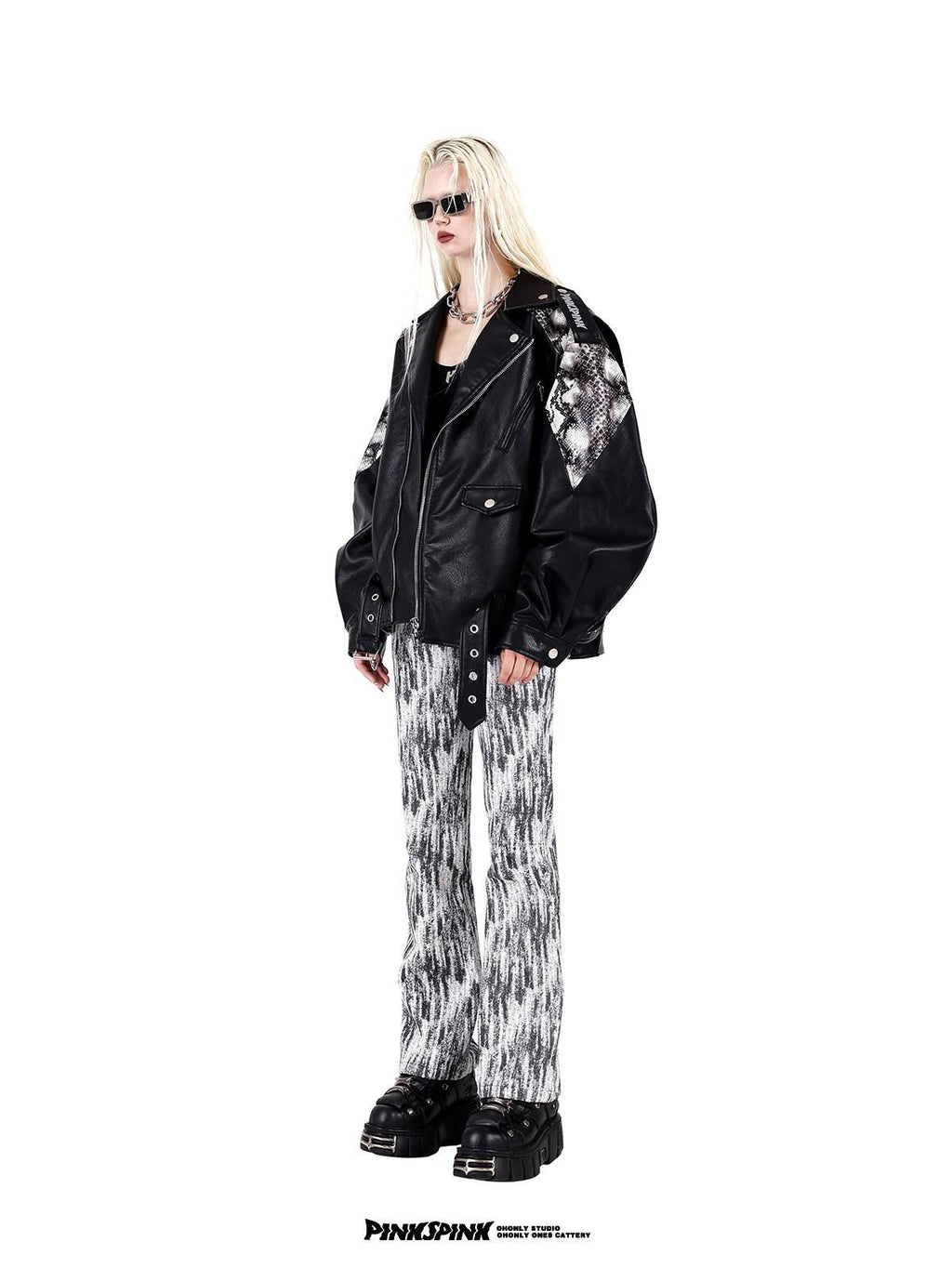 PINKSPINK Cobra Print Drop Shoulder Rock Punk Women's Patent Pu Leather Jackets