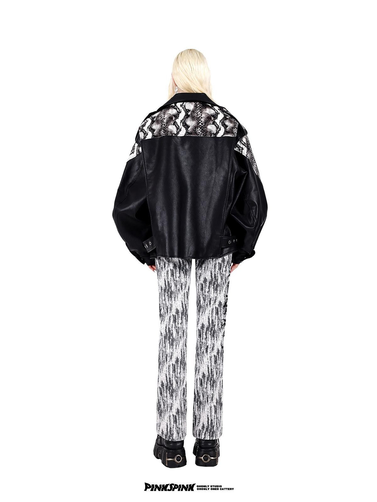 PINKSPINK Cobra Print Drop Shoulder Rock Punk Women's Patent Pu Leather Jackets