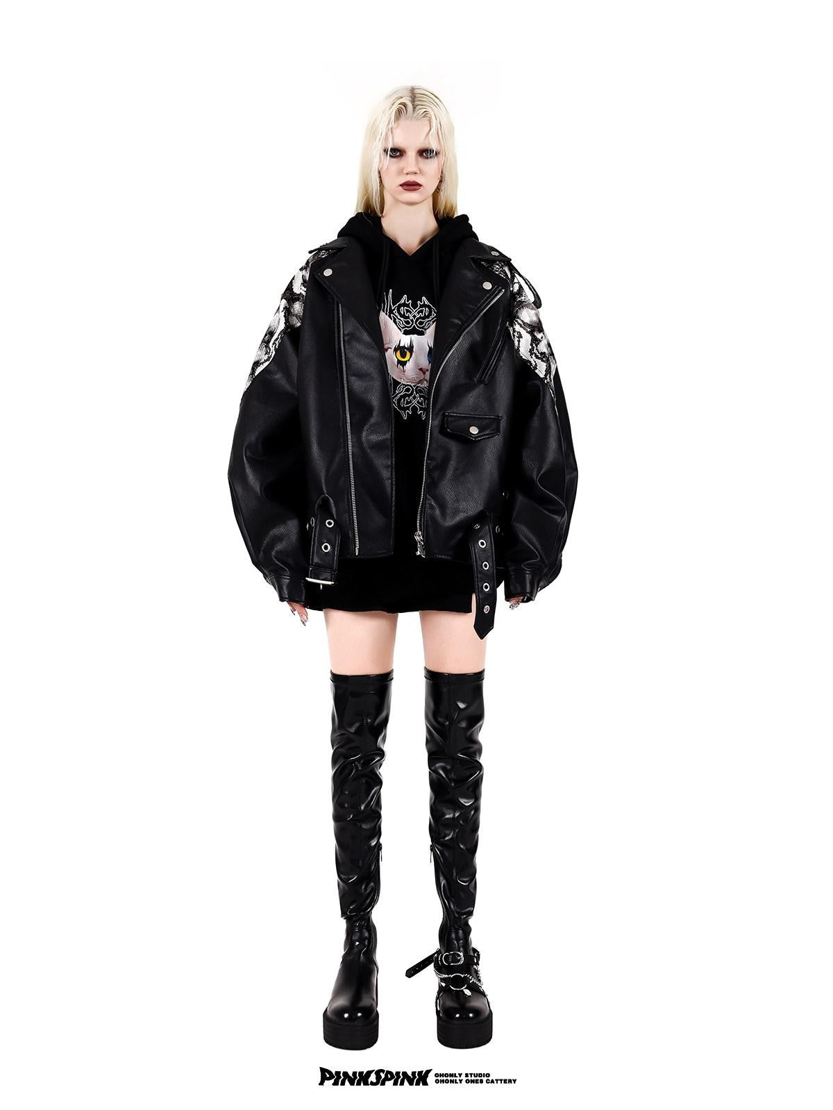 PINKSPINK Cobra Print Drop Shoulder Rock Punk Women's Patent Pu Leather Jackets