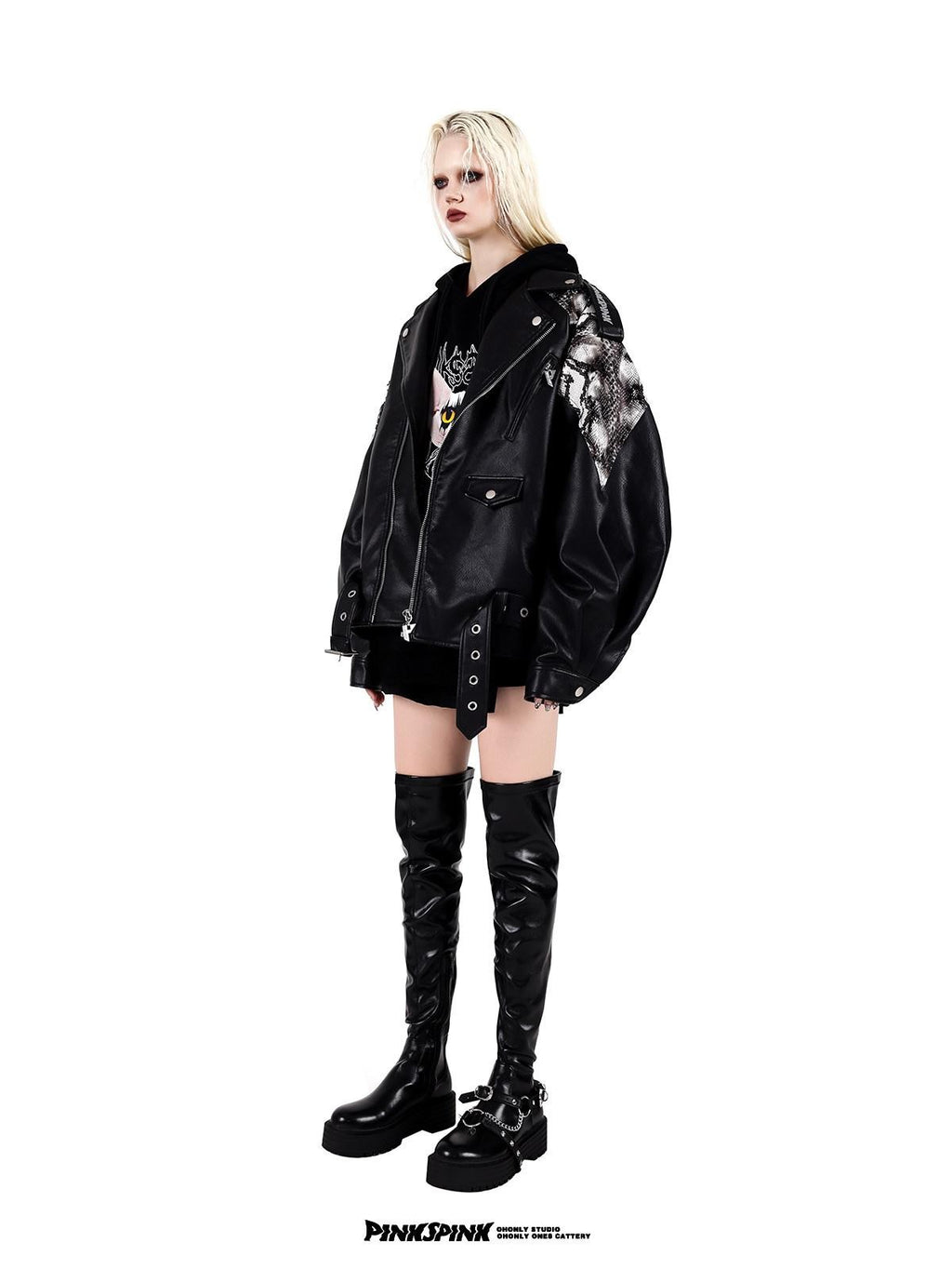 PINKSPINK Cobra Print Drop Shoulder Rock Punk Women's Patent Pu Leather Jackets