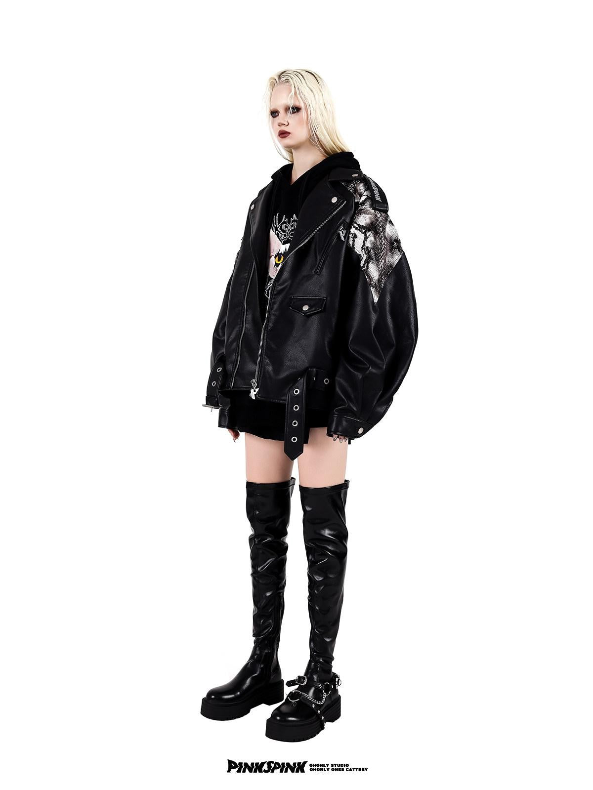 PINKSPINK Cobra Print Drop Shoulder Rock Punk Women's Patent Pu Leather Jackets