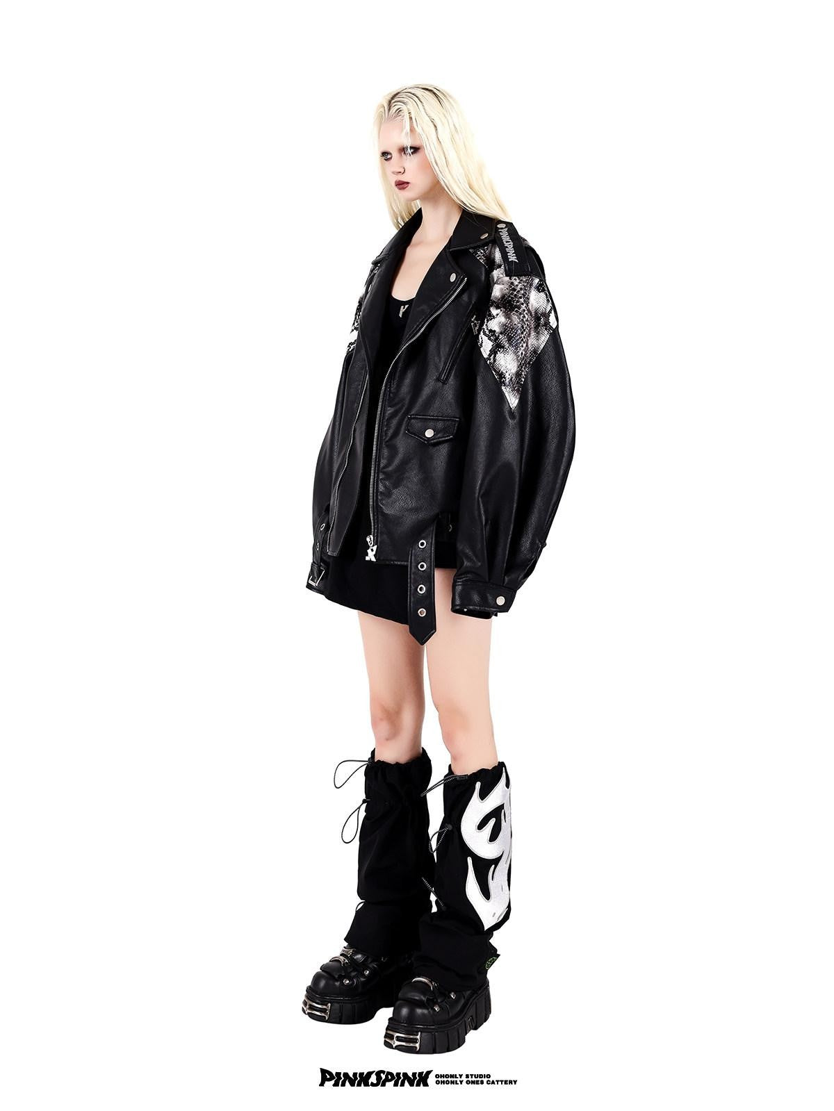 PINKSPINK Cobra Print Drop Shoulder Rock Punk Women's Patent Pu Leather Jackets