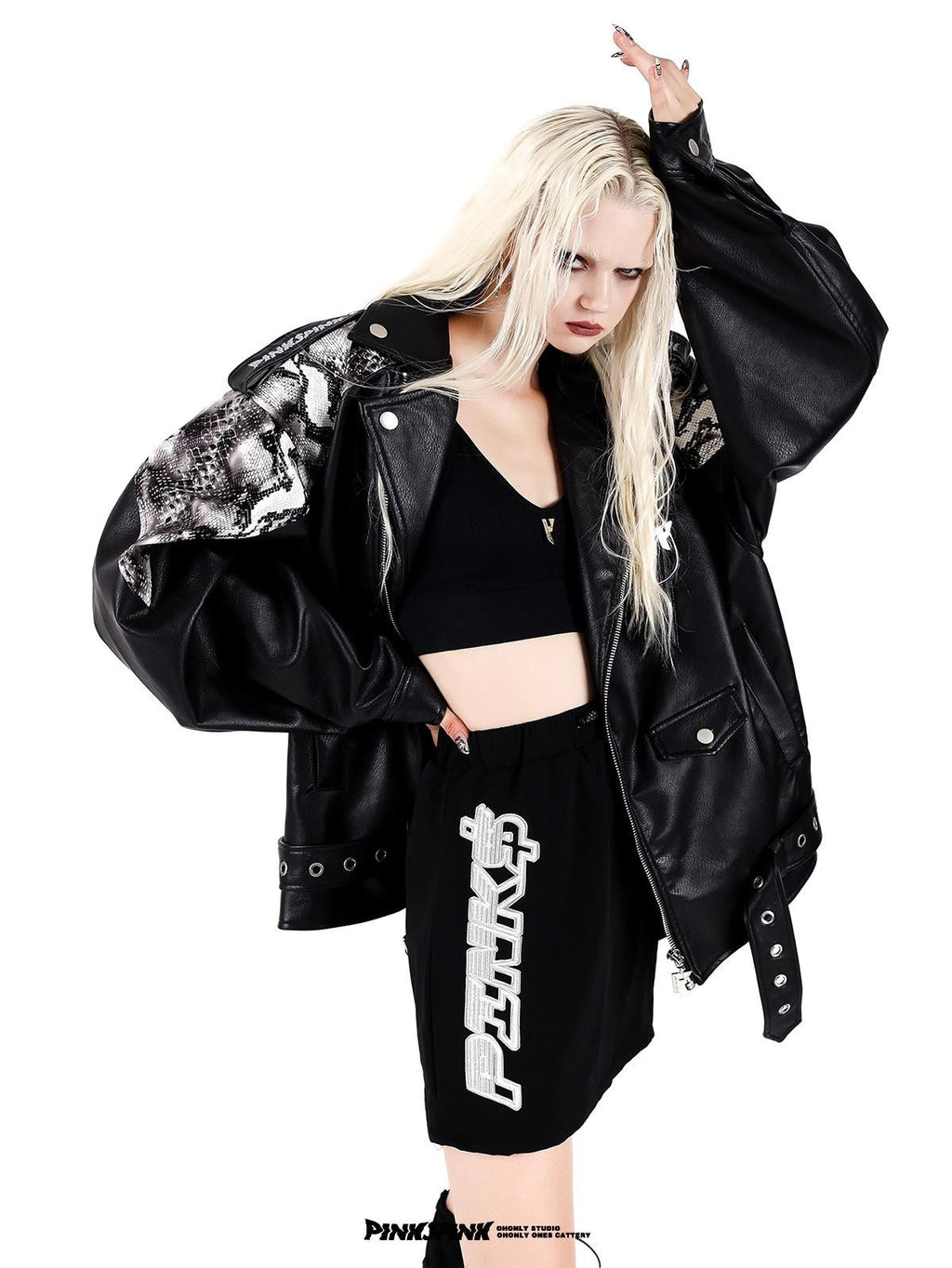 PINKSPINK Cobra Print Drop Shoulder Rock Punk Women's Patent Pu Leather Jackets