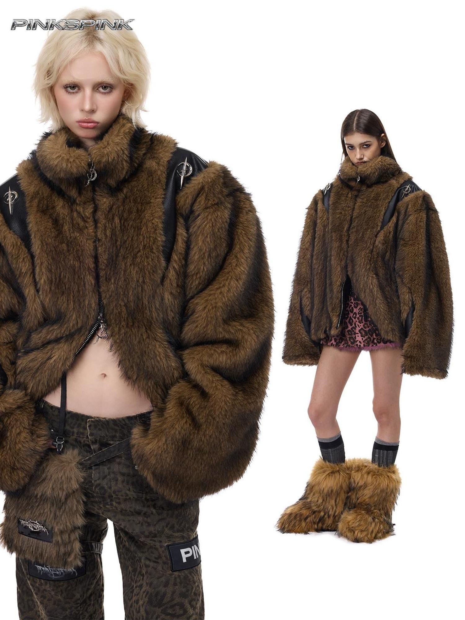 PINKSPINK Coffee 3d Cut Patchwork Oversized High Collar Women's Faux Fur Coats
