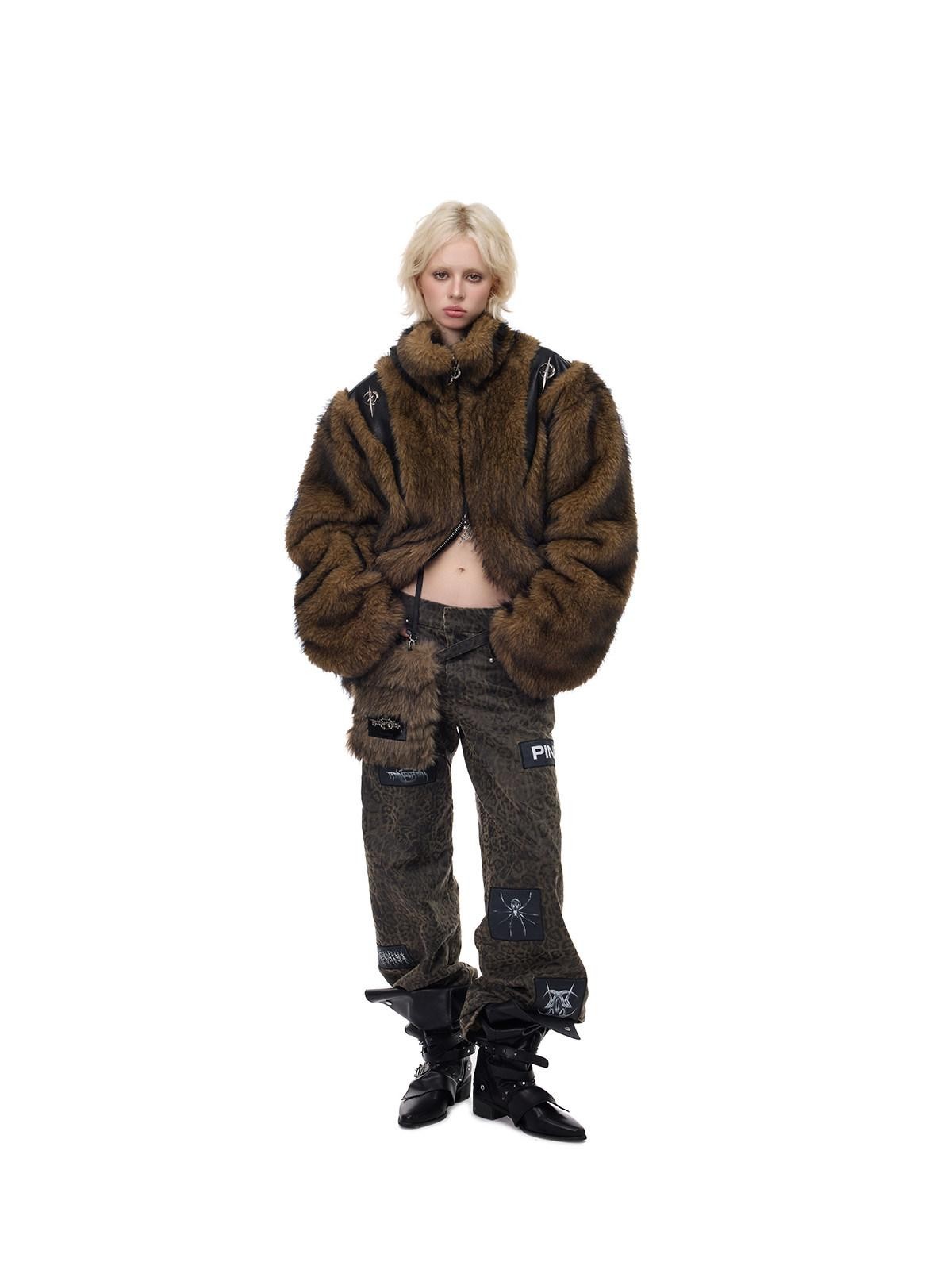 PINKSPINK Coffee 3d Cut Patchwork Oversized High Collar Women's Faux Fur Coats