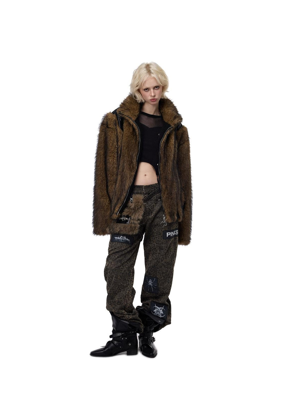 PINKSPINK Coffee 3d Cut Patchwork Oversized High Collar Women's Faux Fur Coats