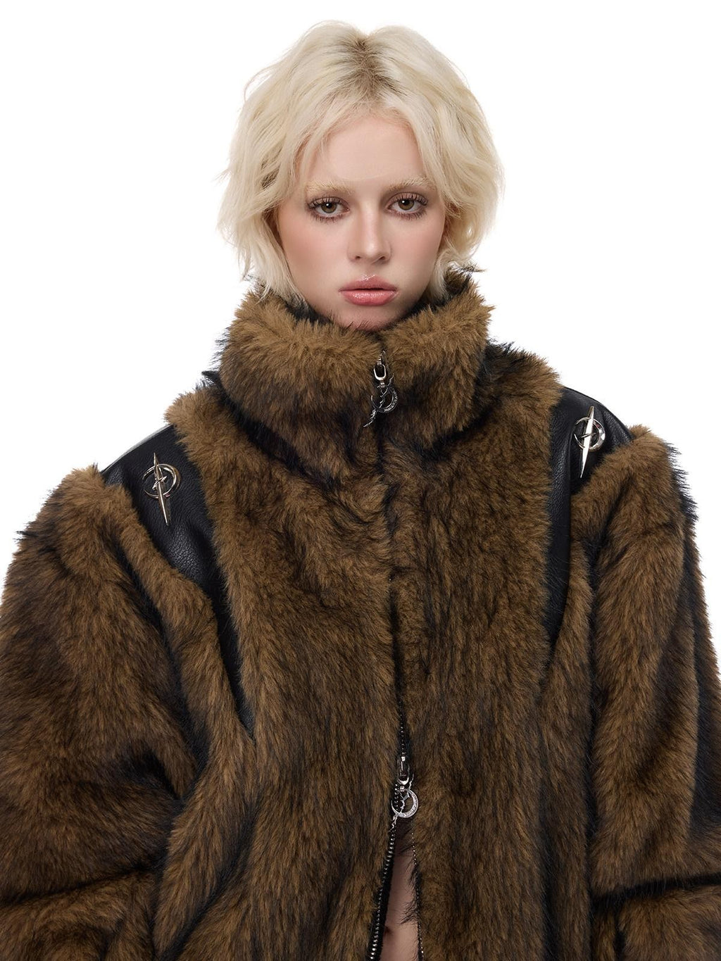 PINKSPINK Coffee 3d Cut Patchwork Oversized High Collar Women's Faux Fur Coats