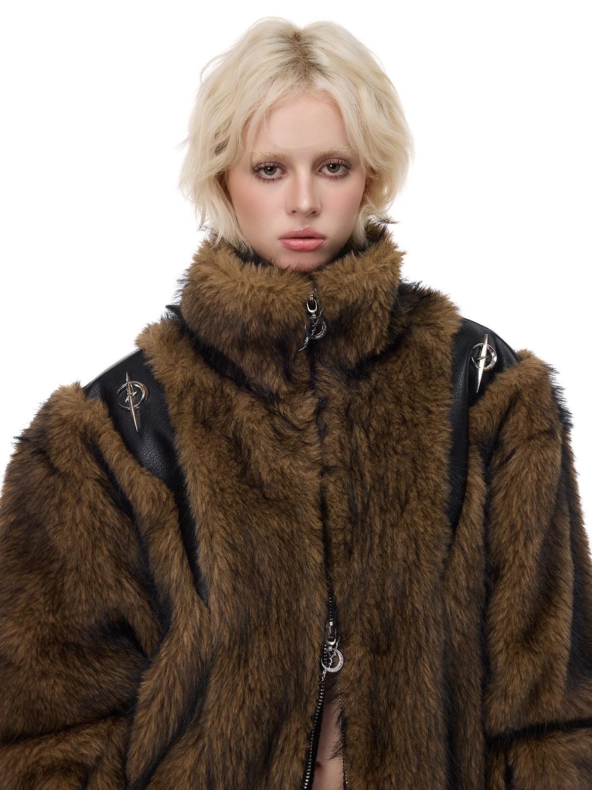 PINKSPINK Coffee 3d Cut Patchwork Oversized High Collar Women's Faux Fur Coats