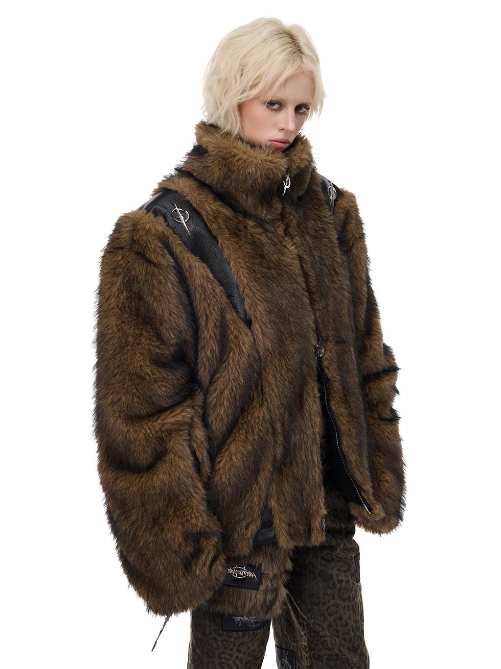 PINKSPINK Coffee 3d Cut Patchwork Oversized High Collar Women's Faux Fur Coats