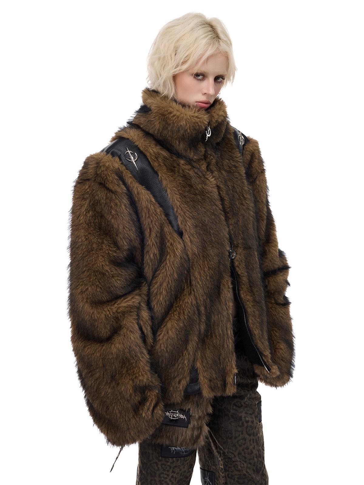 PINKSPINK Coffee 3d Cut Patchwork Oversized High Collar Women's Faux Fur Coats