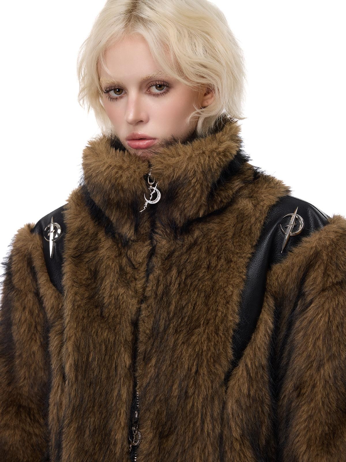 PINKSPINK Coffee 3d Cut Patchwork Oversized High Collar Women's Faux Fur Coats