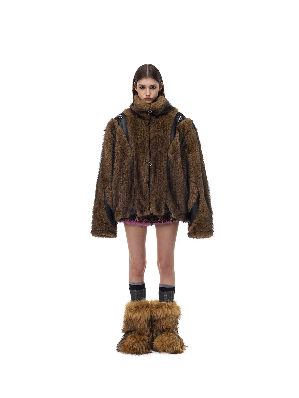 PINKSPINK Coffee 3d Cut Patchwork Oversized High Collar Women's Faux Fur Coats