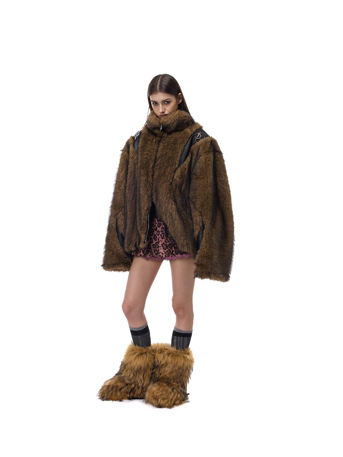 PINKSPINK Coffee 3d Cut Patchwork Oversized High Collar Women's Faux Fur Coats