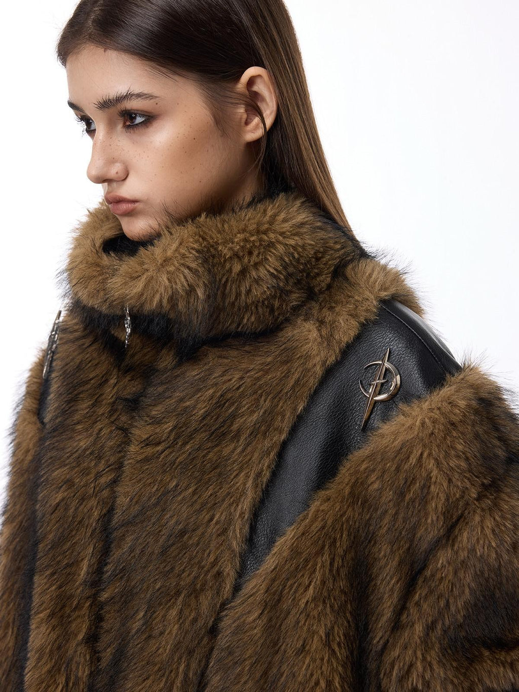 PINKSPINK Coffee 3d Cut Patchwork Oversized High Collar Women's Faux Fur Coats