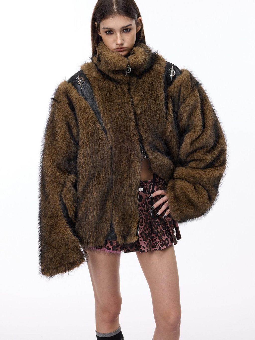 PINKSPINK Coffee 3d Cut Patchwork Oversized High Collar Women's Faux Fur Coats