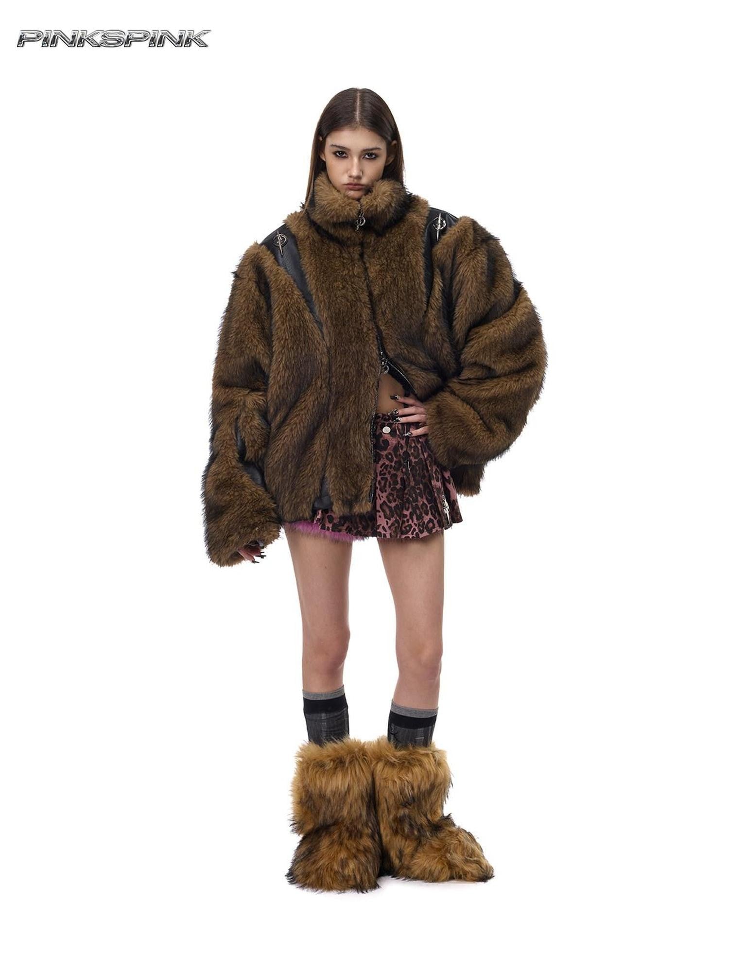 PINKSPINK Coffee 3d Cut Patchwork Oversized High Collar Women's Faux Fur Coats