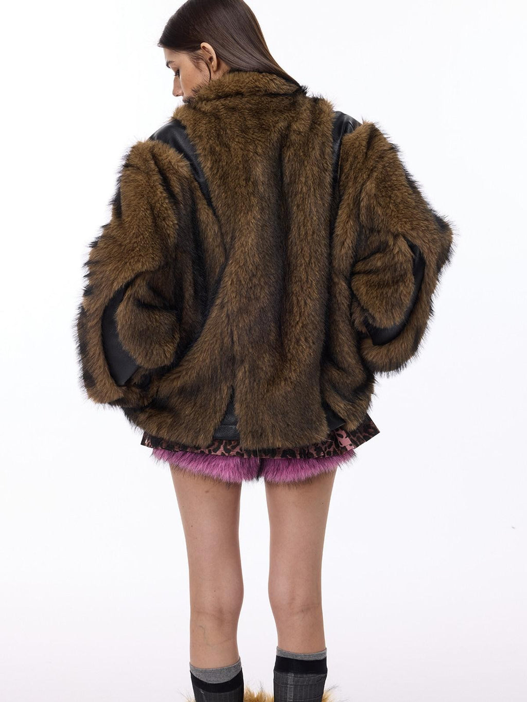 PINKSPINK Coffee 3d Cut Patchwork Oversized High Collar Women's Faux Fur Coats