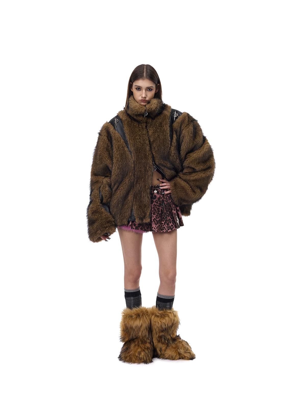 PINKSPINK Coffee 3d Cut Patchwork Oversized High Collar Women's Faux Fur Coats