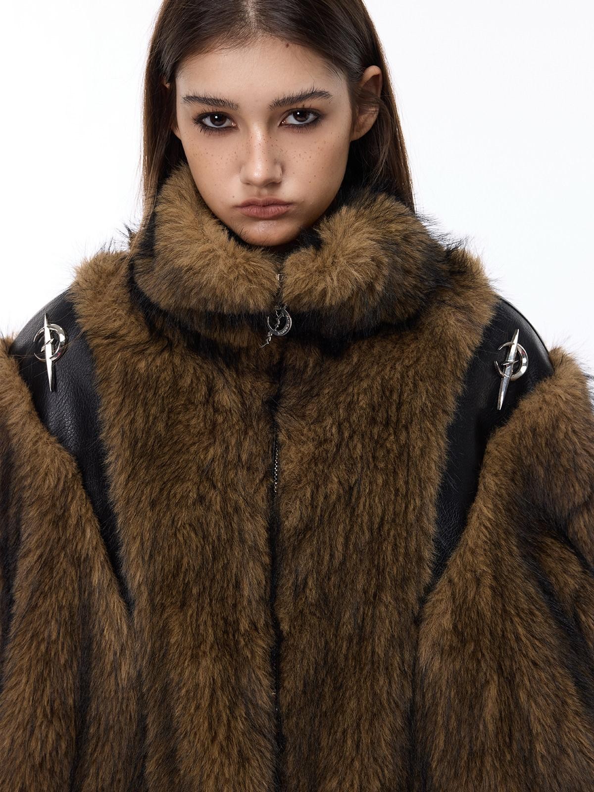 PINKSPINK Coffee 3d Cut Patchwork Oversized High Collar Women's Faux Fur Coats