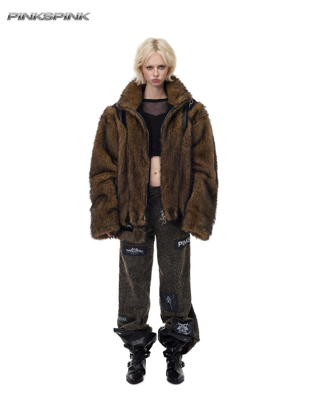 PINKSPINK Coffee 3d Cut Patchwork Oversized High Collar Women's Faux Fur Coats