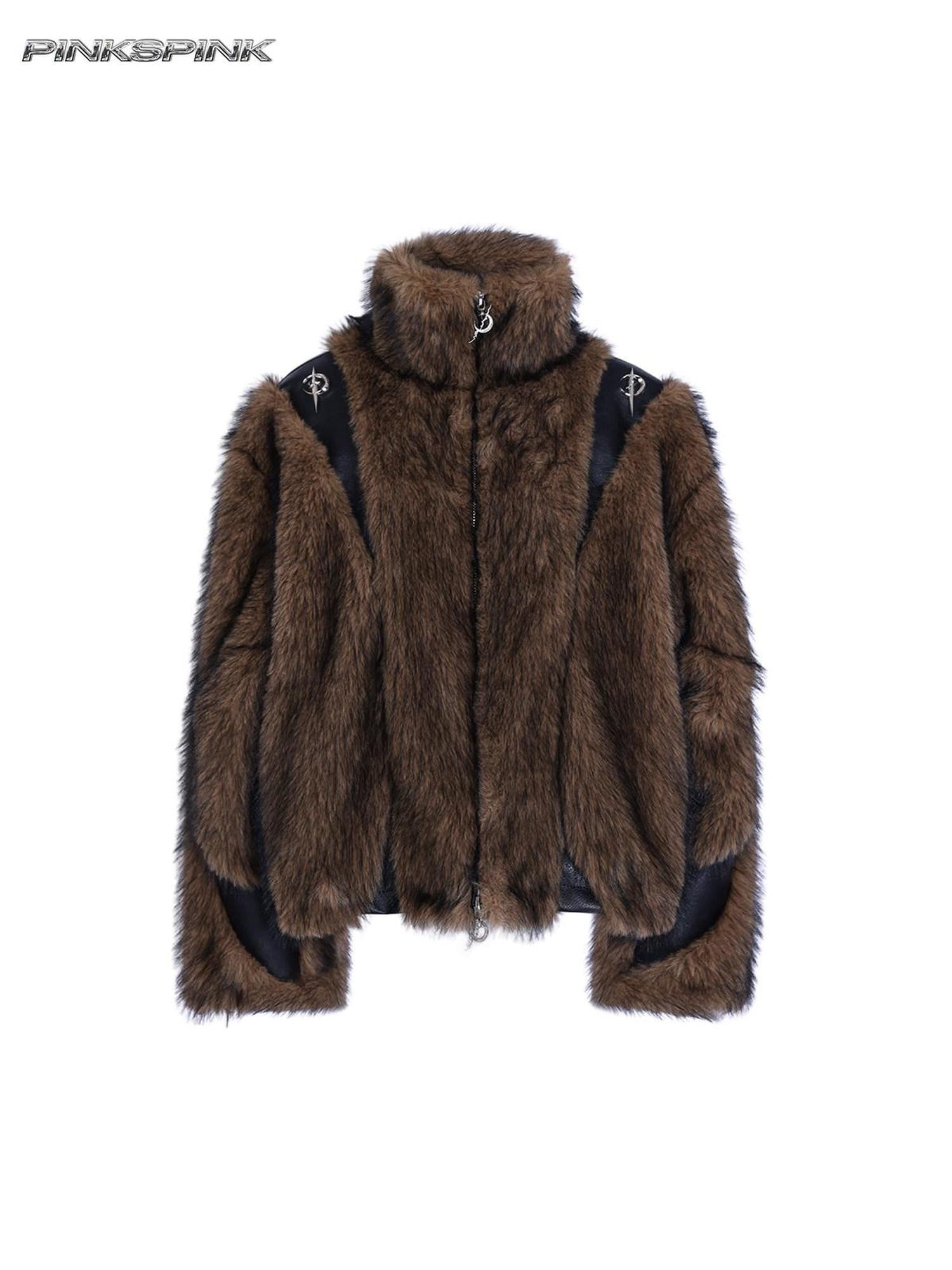PINKSPINK Coffee 3d Cut Patchwork Oversized High Collar Women's Faux Fur Coats