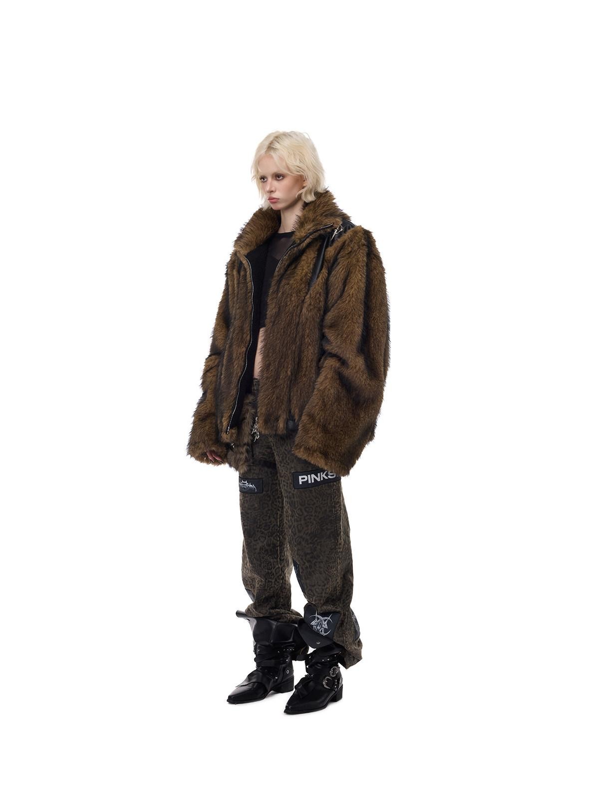 PINKSPINK Coffee 3d Cut Patchwork Oversized High Collar Women's Faux Fur Coats